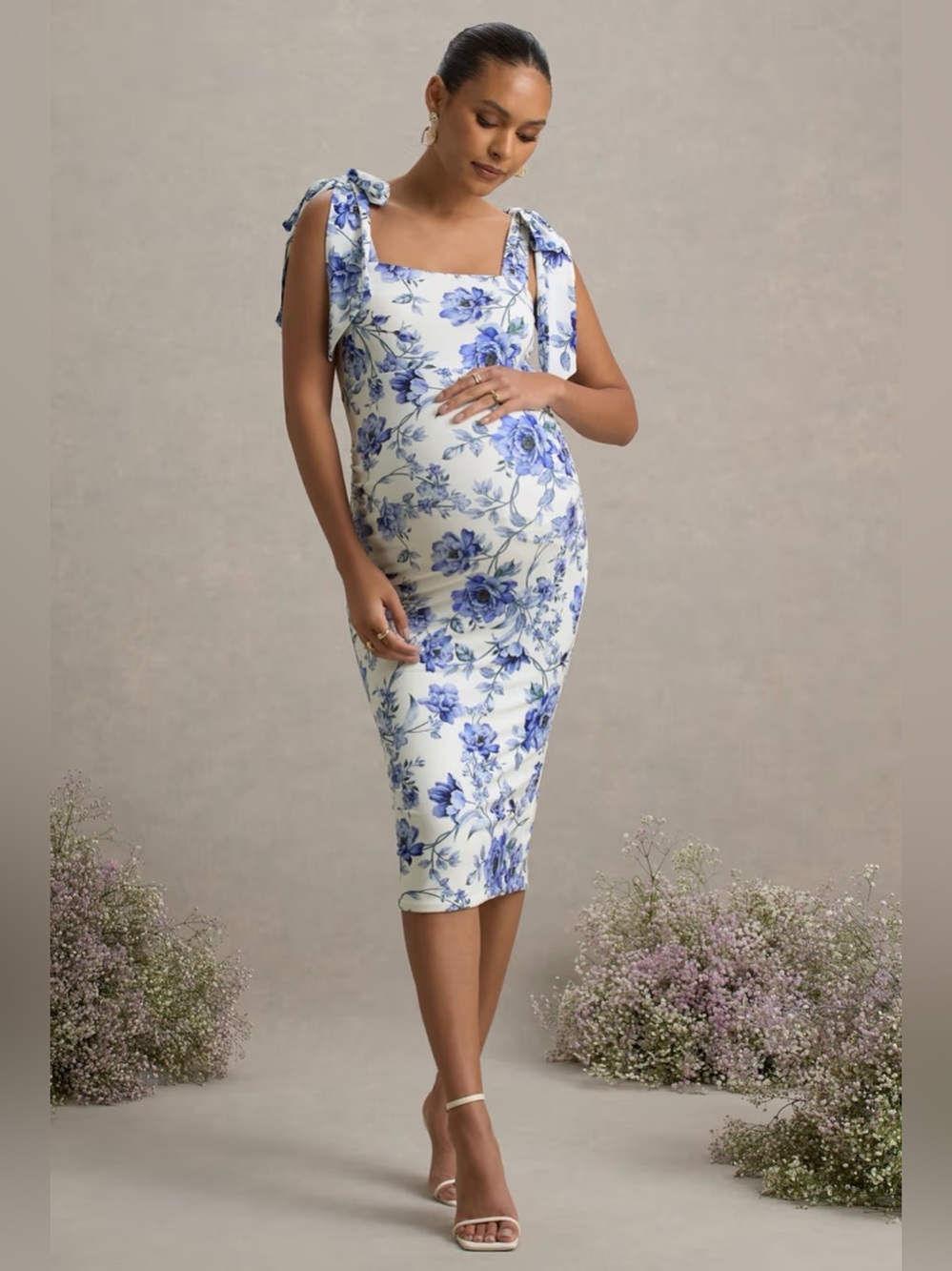 NEW Club L London Linnie Blue Floral Square Neck Maternity Midi Dress Size 12